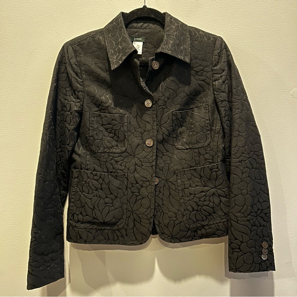 J Crew Black Floral Embossed Print Button Blazer Jacket Cotton & Silk Size 6
